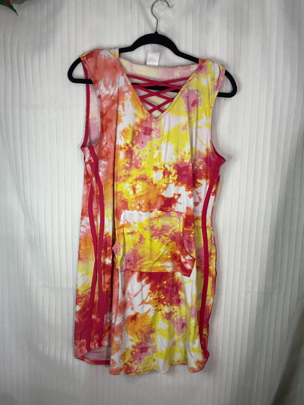 No Boundaries XL/XG 15-17 Hooded Sleeveless Dress Tie Dye Pink Yellow Cowl Neck